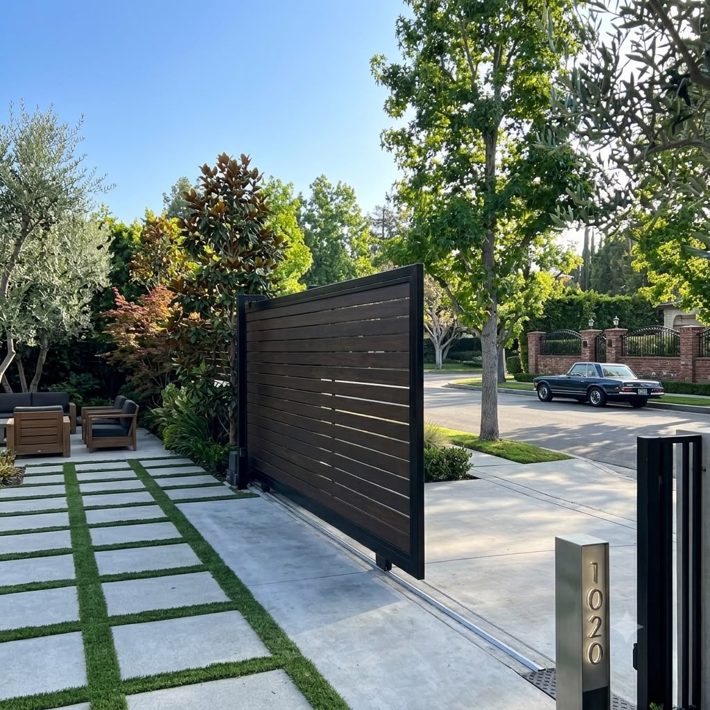 Modern dark-wood horizontal-slat automatic sliding driveway gate at a California estate